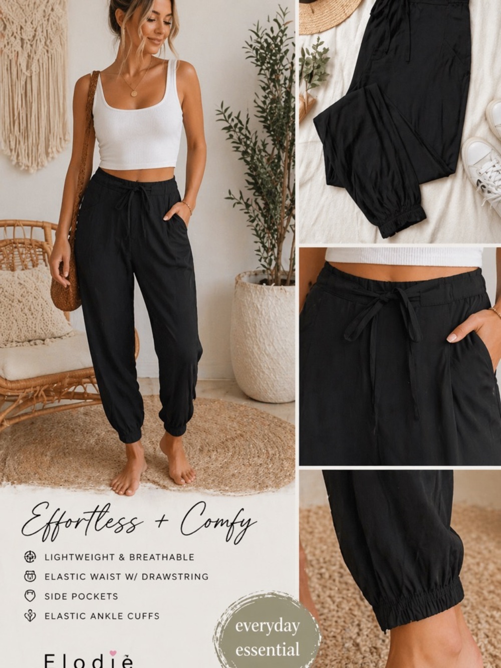 Elodie Black Jogger Pants NWT Size M Elastic Waist Lightweight Athleisure A15